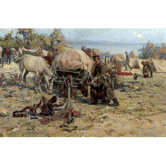 РЕПРОДУКЦИИ НА КАРТИНИ  Първи конен Софийски полк на бивак при Сароския залив на Мраморно море (1914)